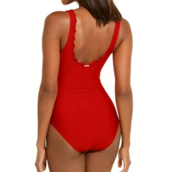 Dkny Women's Ruffle Solid Shirred Tummy Control One-Piece Swimsuit Red 18 NWT - Picture 2 of 3
